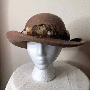 VINTAGE "Mr. John Moderne" Ladies Tan Wool Felt Hat with Feathered Band